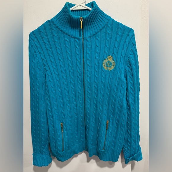 Lauren Ralph Lauren Sweaters - Lauren Ralph Lauren 100% cotton cable knit cardigan sweater zip up teal crest L